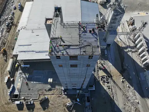 Aerial view of the Vigen Cargill grain tower in Granger, Washington, with its concrete wall and new slab