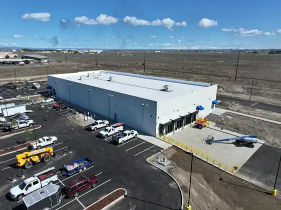 Aerial view of the finished Project Maverick building and parking lot in Moses Lake