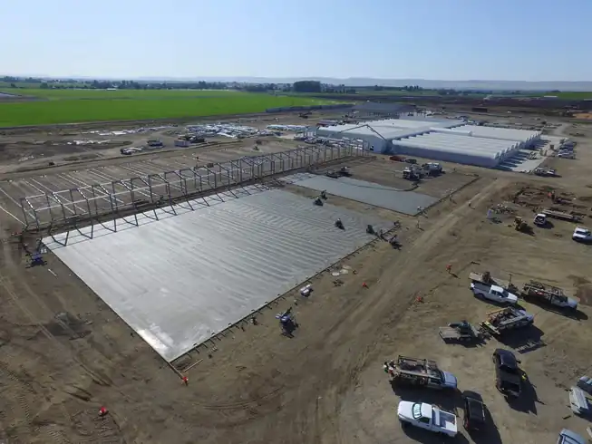 Aerial view of the grow-room slab under construction at the Ostrom Mushroom Farm in Sunnyside